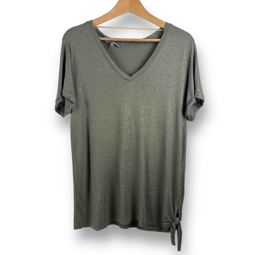 Wit & Wisdom Women's L Short Sleeve Tie Bottom Tee Shimmer Green Linen Blend